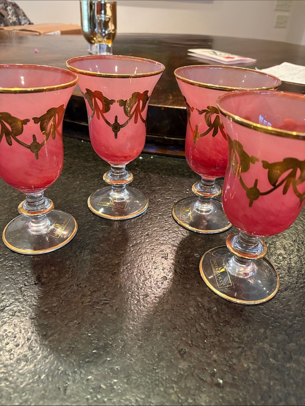 Set of 4 Pink Glass Goblets with Gold Trim